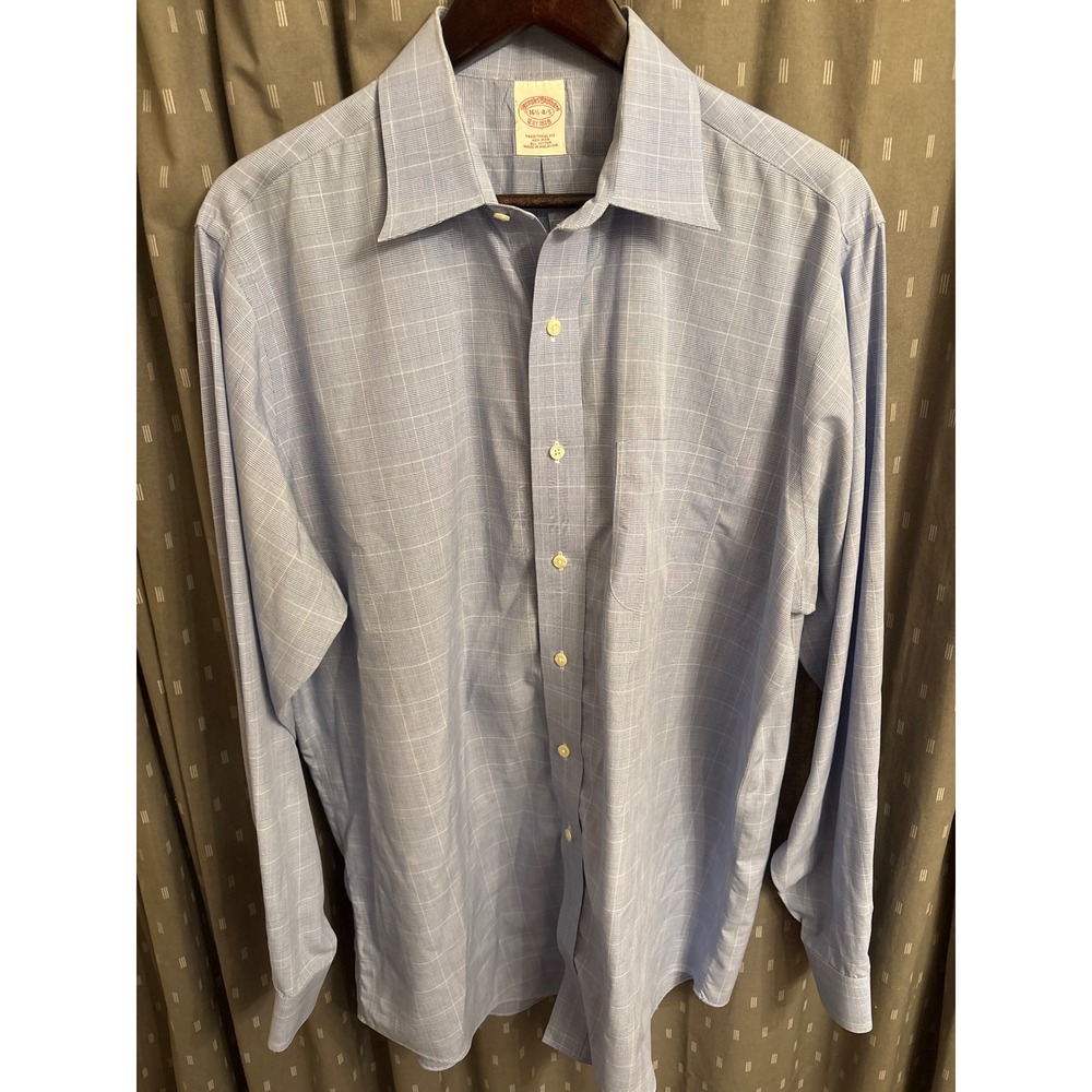 Brooks Brothers Traditional Fit Non-Iron Cotton Dress Shirt Blue Plaid 16.5 4/5